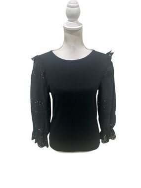 J. Crew Black ribbed Long Sleeve top Eyelet lace balloon sleeve medium